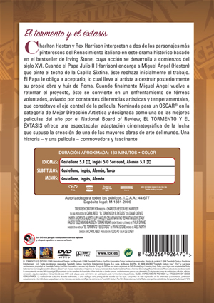 Carátula trasera de Fox Studio Classics: El tormento y el xtasis